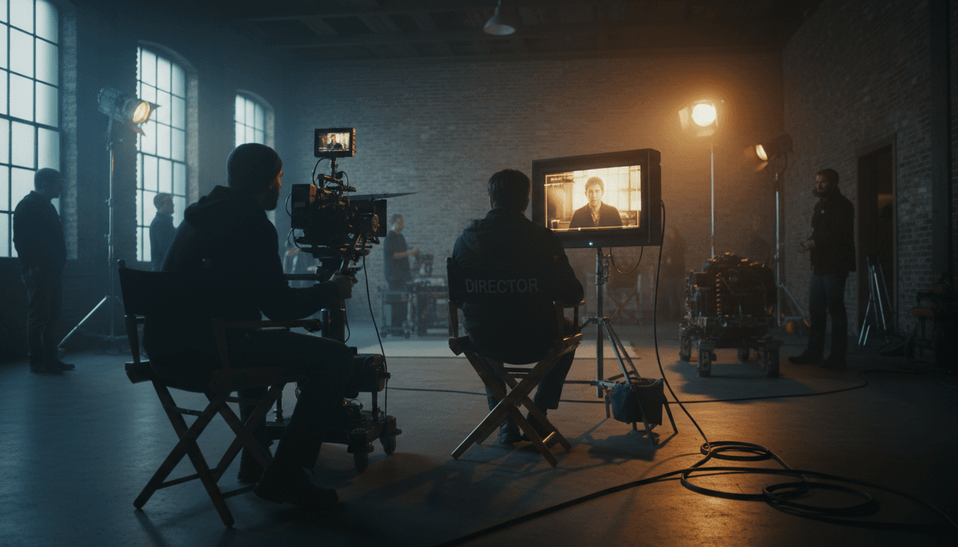 Behind-the-scenes of a short film production with actors on set and crew nearby