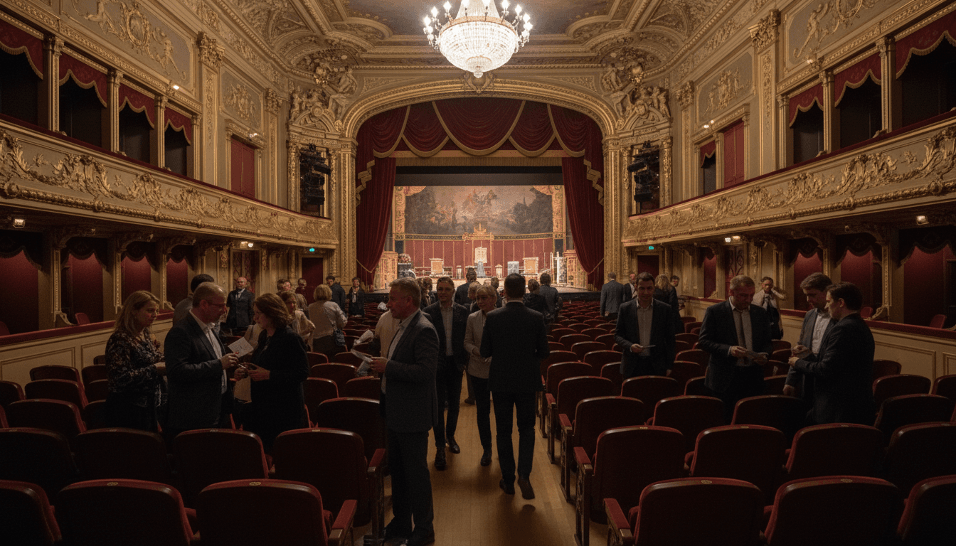 Luxurious theater interior with gold trim and red velvet seating