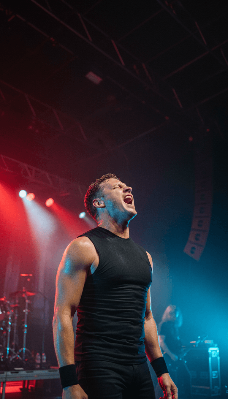 A live band performs on a well-lit stage with a dramatic spotlight, creating an energetic concert atmosphere.