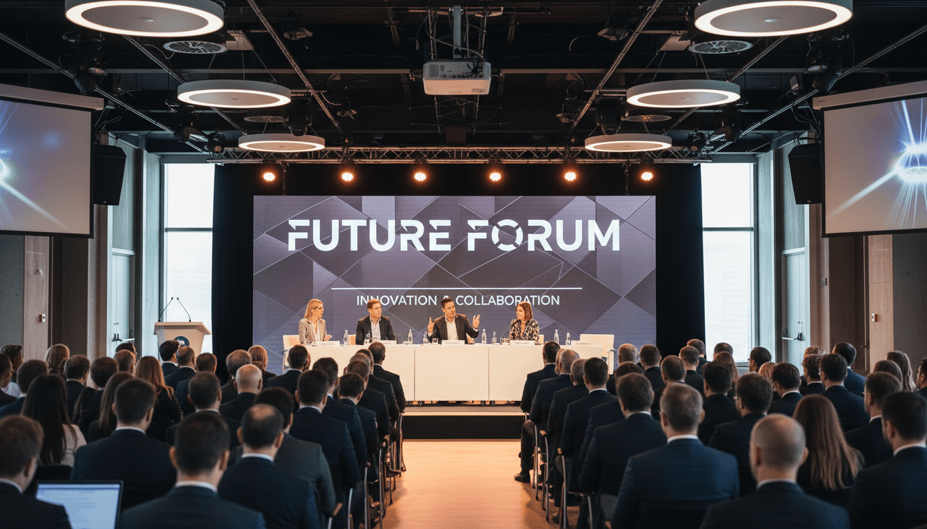 A music industry seminar panel with speakers seated on stage, addressing an attentive audience.