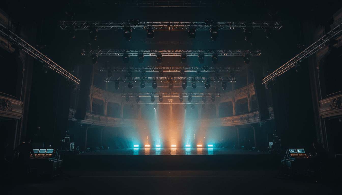 Professional stage production with lighting rig and sound equipment in a modern concert venue