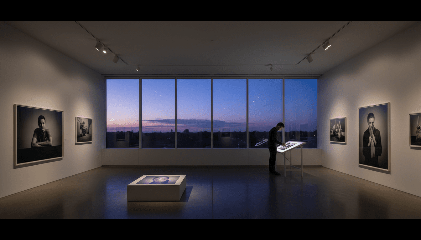 Dark gallery room with gold-framed artwork illuminated by soft spotlights
