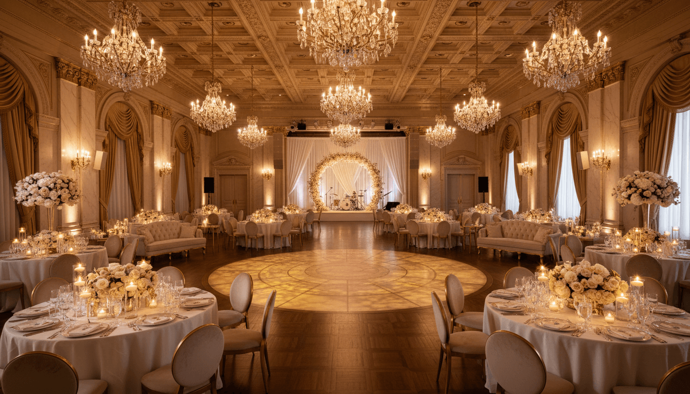 A luxurious awards ceremony stage featuring a red carpet, gold accents, and a sleek microphone stand.