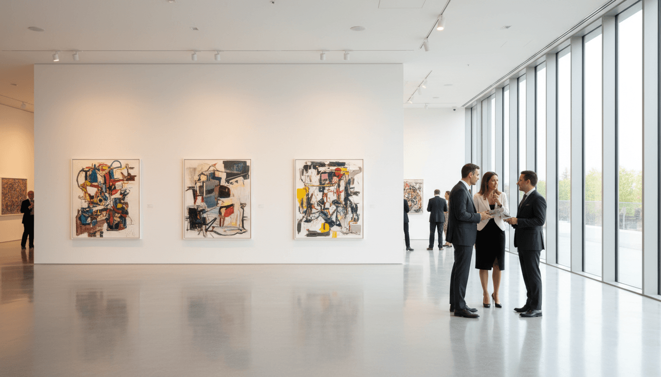 Guests in elegant attire walking through a contemporary art exhibition with champagne flutes