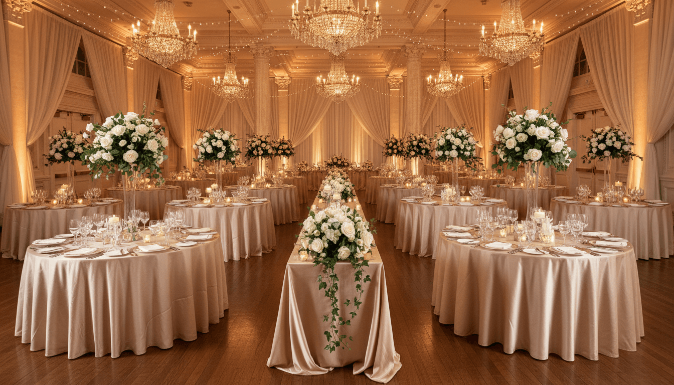 Grand ballroom with gold chandeliers and elegant table settings for a black-tie event