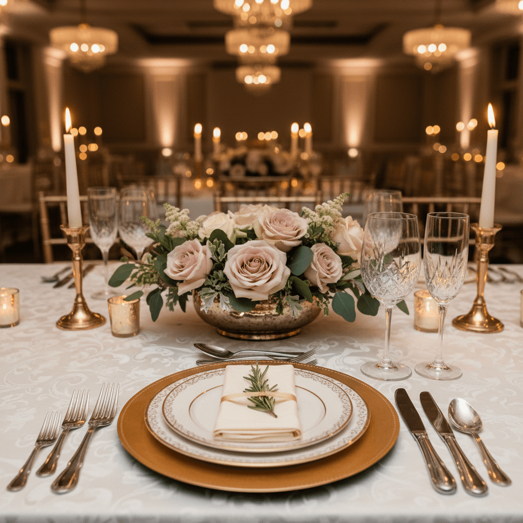 Close-up of a formal tablescape with gold flatware and white floral arrangements at a gala dinner