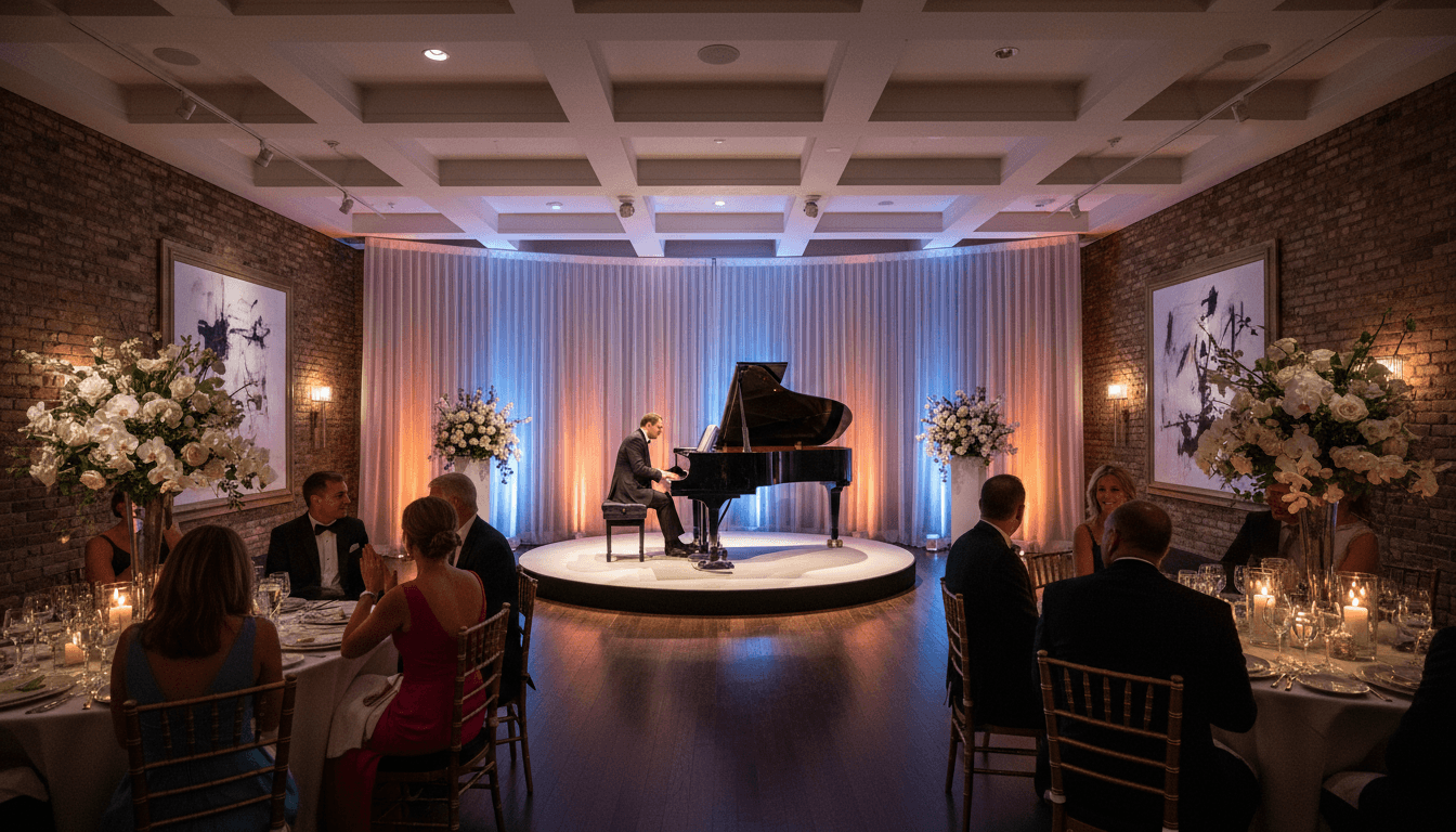 Wide shot of a concert stage under magenta lights with a packed audience in a ballroom setting