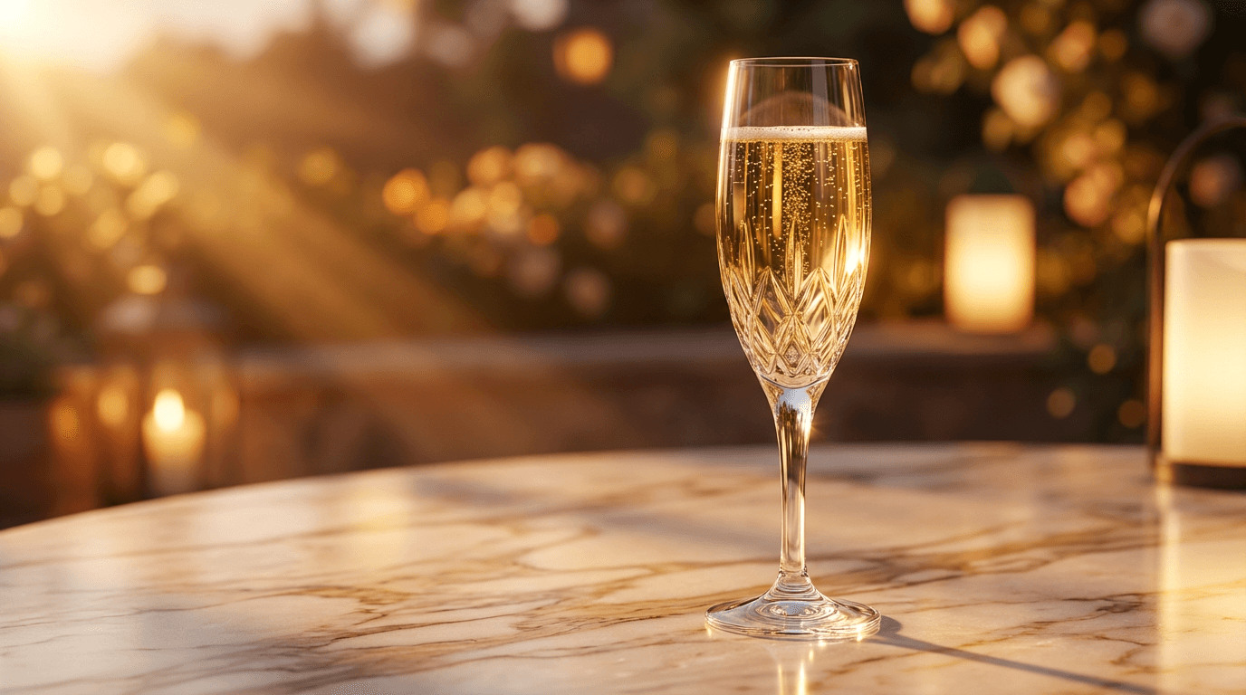 Gold foil invitation card on marble table next to champagne glasses